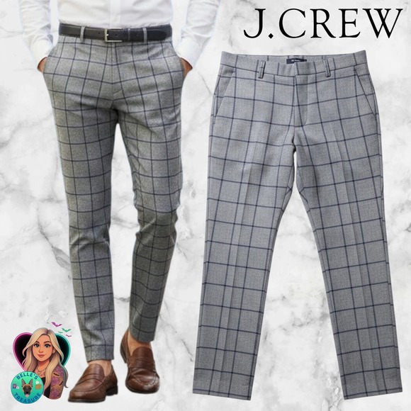 J.Crew Ludlow Slim Fit Suit Pants Grey Windowpane Plaid Men's 33x30 Luxury Golf